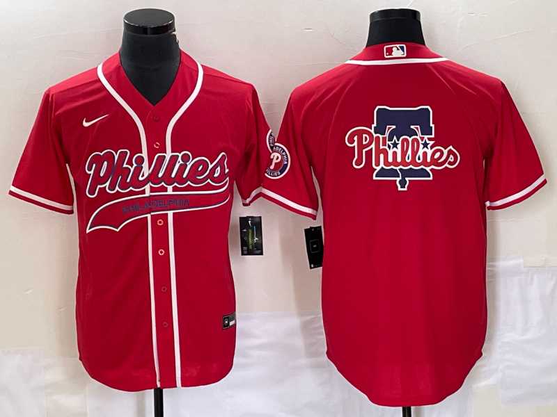 Men%27s Philadelphia Phillies Red Team Big Logo Cool Base Stitched Baseball Jersey